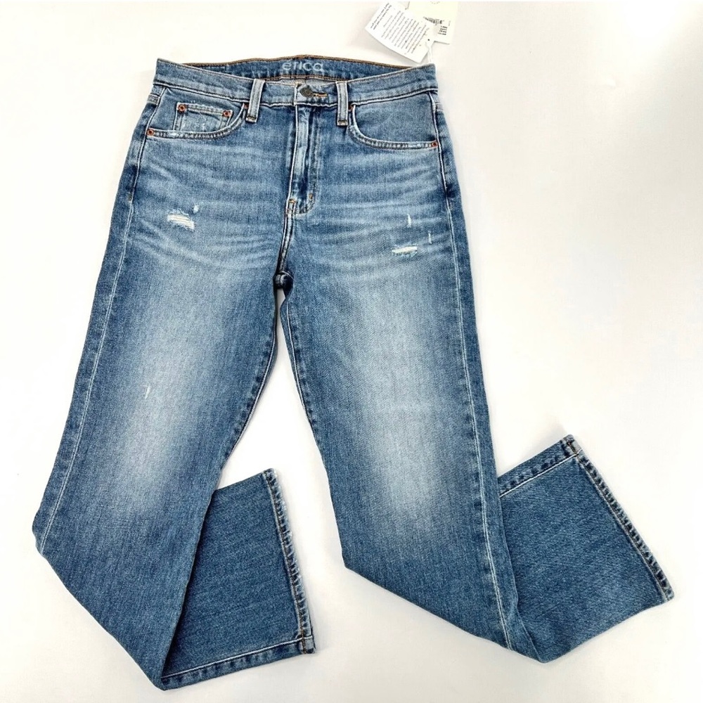 Etica women’s Sz 26 Blue Medium Wash Brigitte Trumpet Crop Jeans W/ distressing
